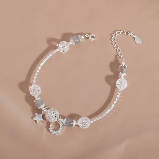 Moonstone Crystal Beaded Bracelet with Star & Moon Pendant