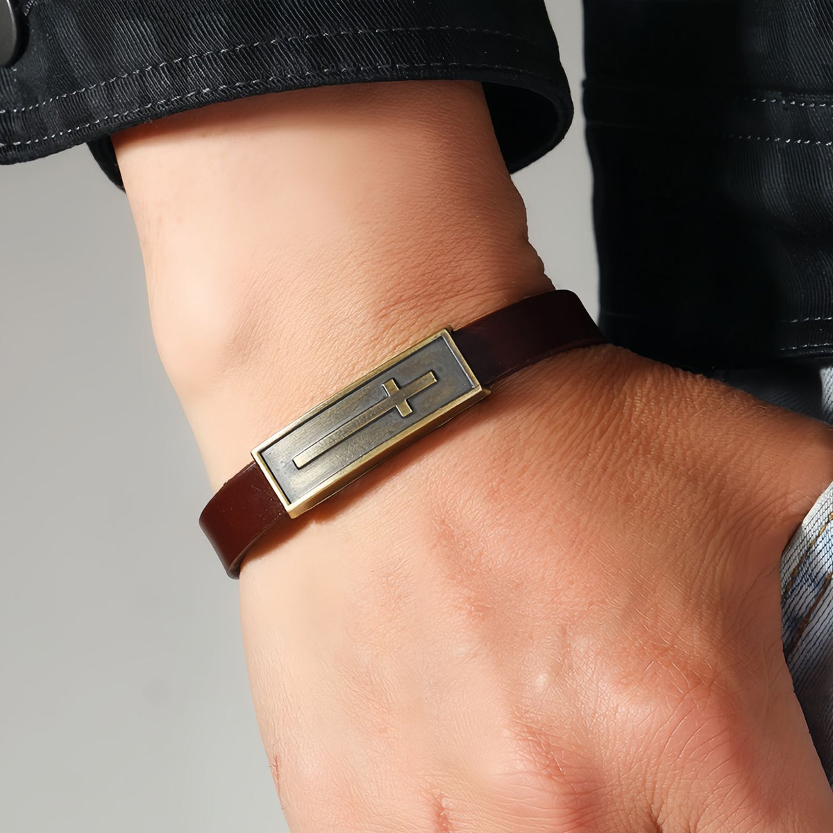 Vintage Leather Christian Cross Bracelet