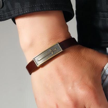 Vintage Leather Christian Cross Bracelet