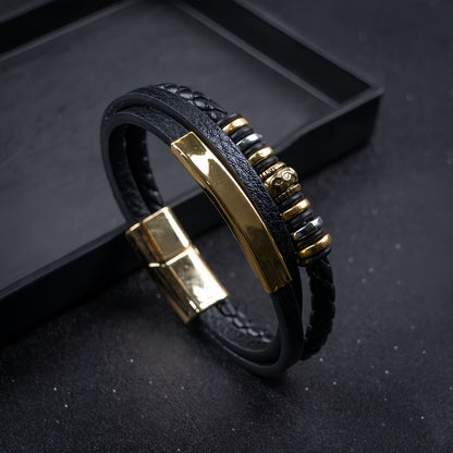 Decorative Metal Ring Men’s Leather Bracelet
