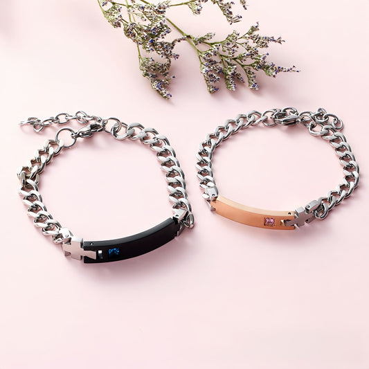 Cross Bar Curb Chain Couple Bracelet Set