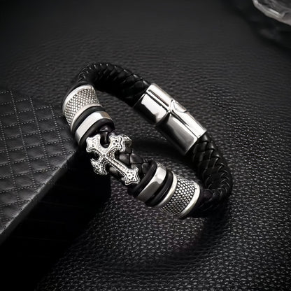 Punk-Inspired Cross Charm Men’s Double-Braided Leather Bracelet