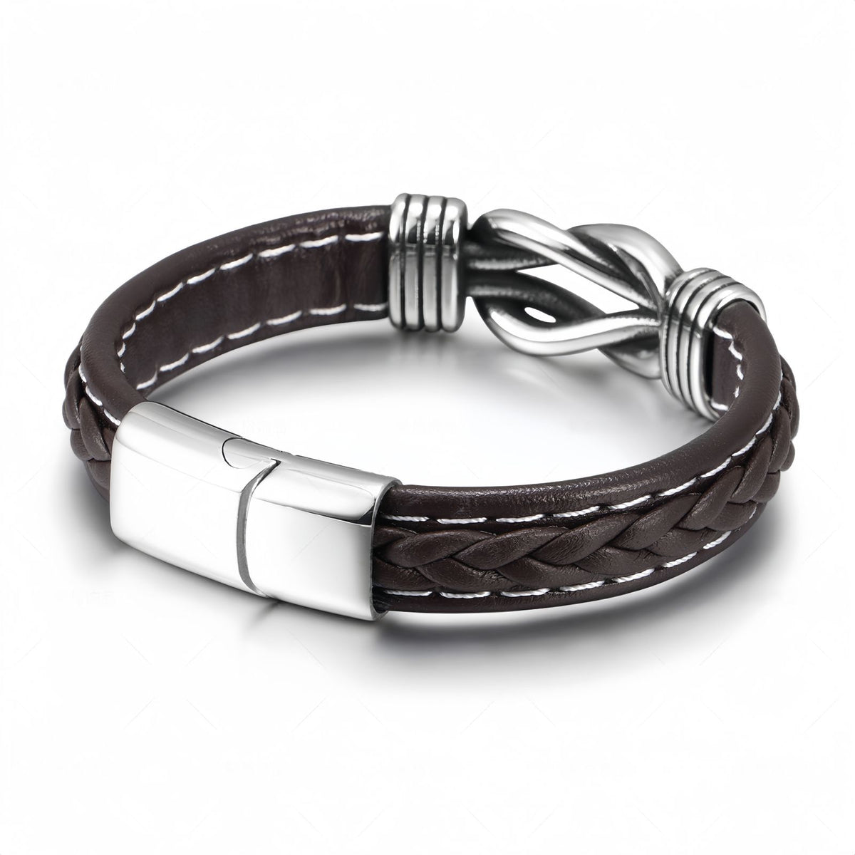 Stainless Steel Knot Men’s Braided Leather Bracelet
