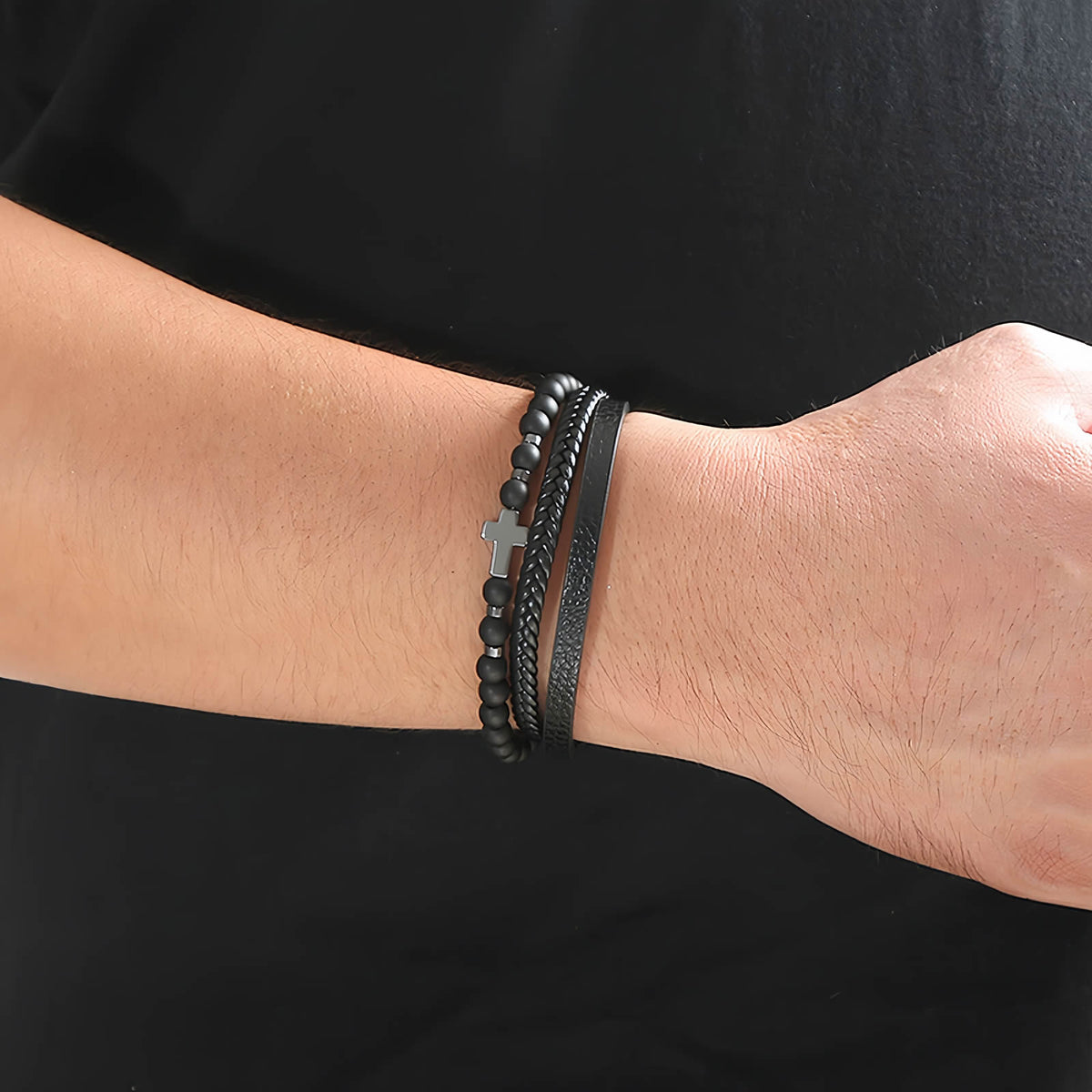 Men's Cross Natural Stone Beads Leather Bracelet