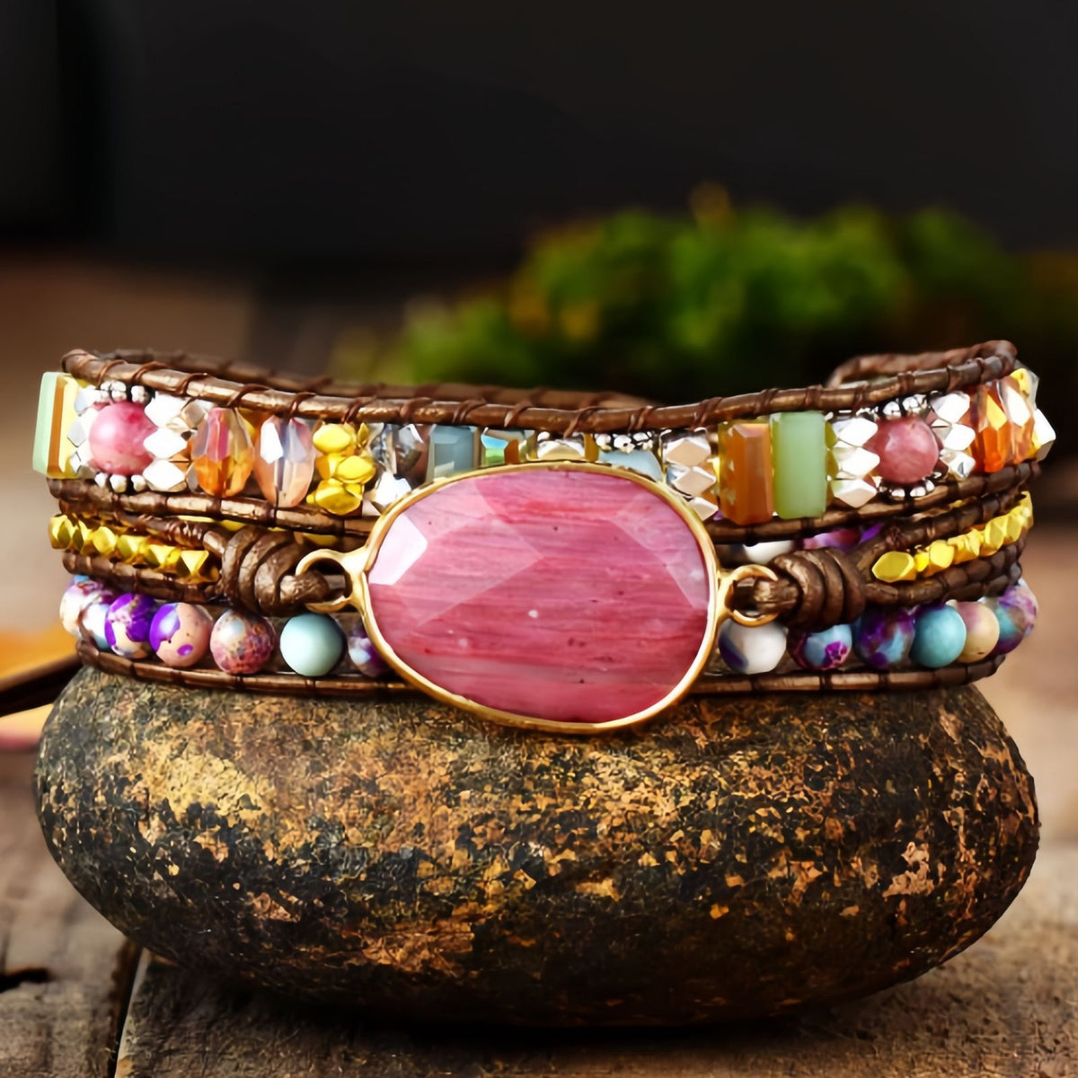 Rhodonite Wrap Bracelet for Women, Beaded Leather Bracelet, Boho Multi-Layer Design