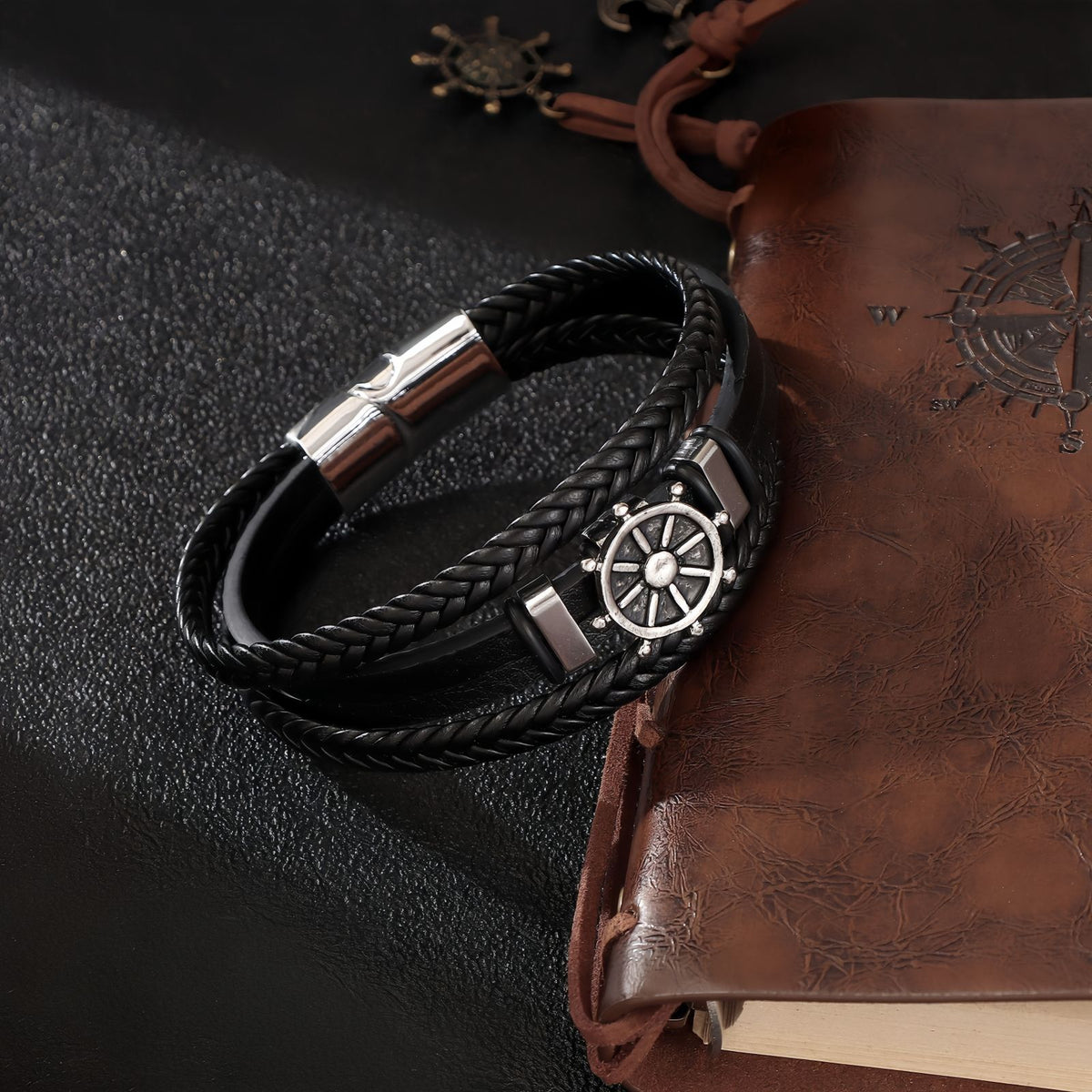 Nautical Wheel Leather Bracelet