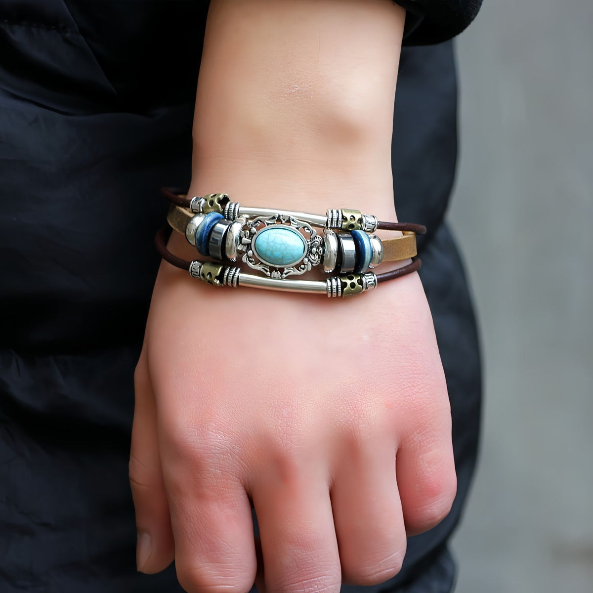 Turquoise Stone Accent Men's Leather Bracelet
