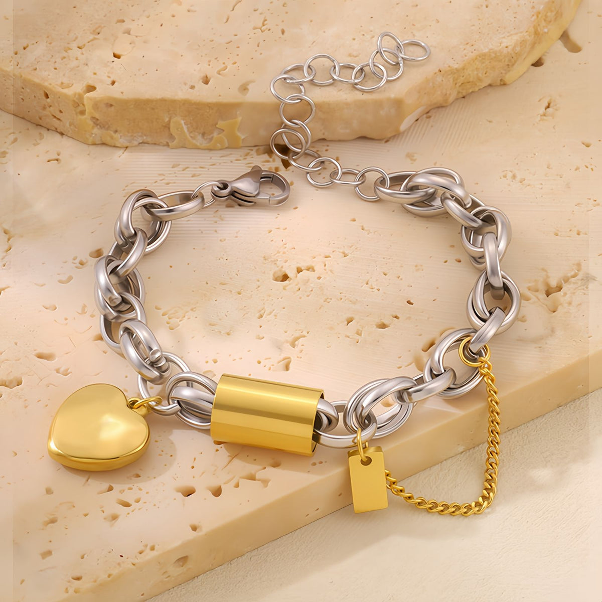 Heart Charm Oval Link Chain Stainless Steel Bracelet