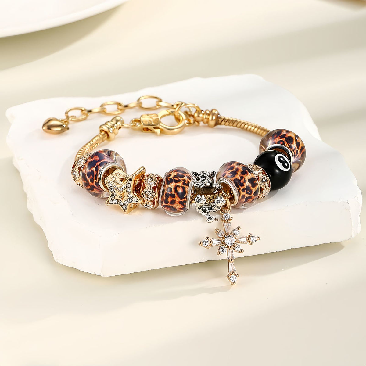 Leopard Bead Cross Charm Bracelet