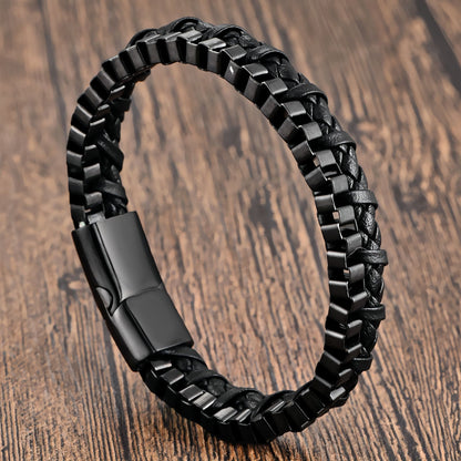 Men's Stainless Steel Chain Leather Bracelet