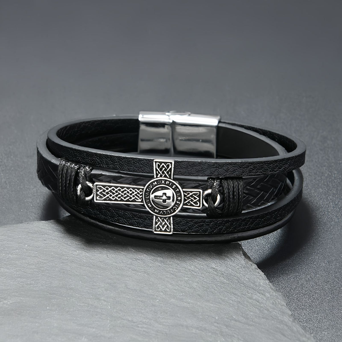 Men's Medallion Cross Braided Leather Bracelet