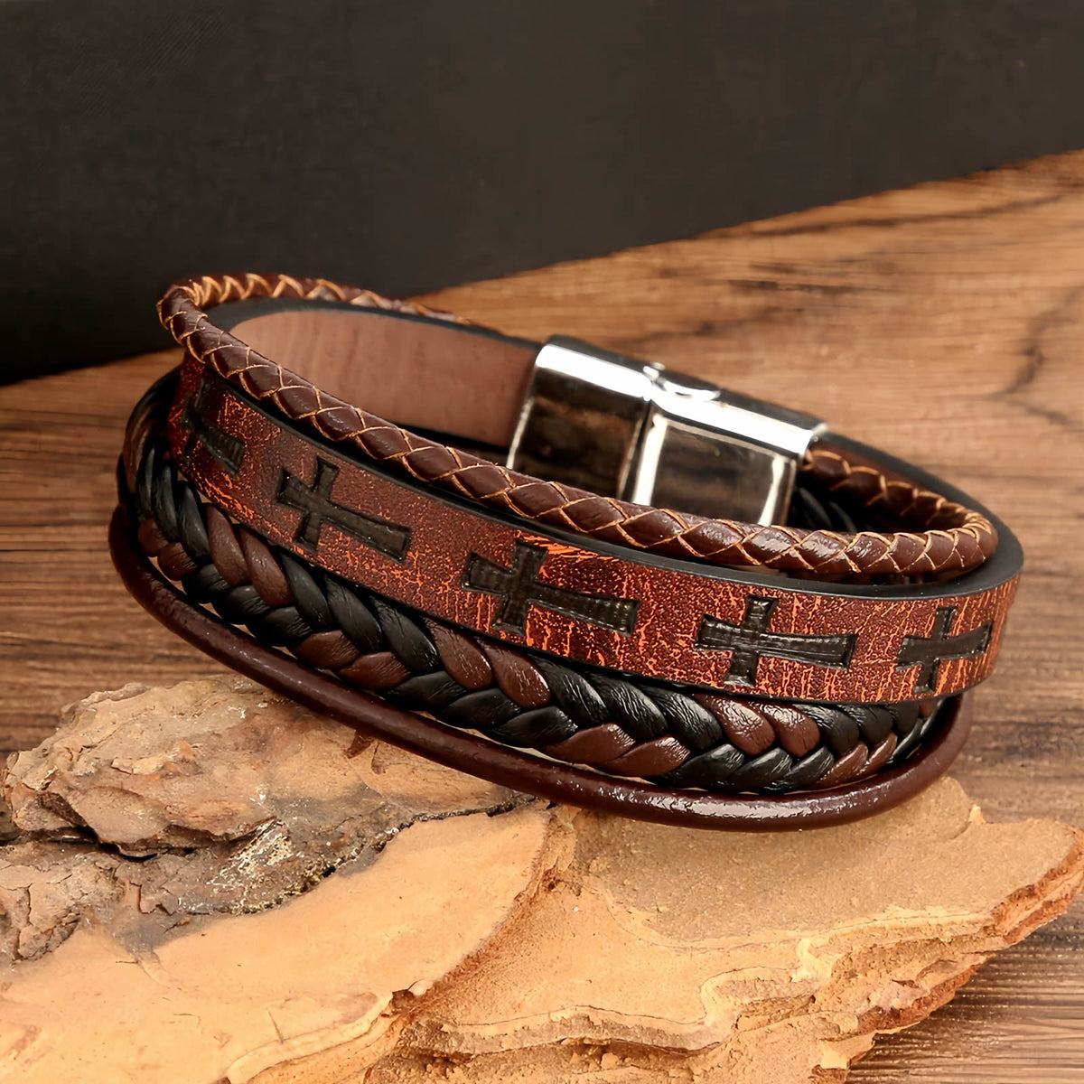 Men's Cross Leather Bracelet