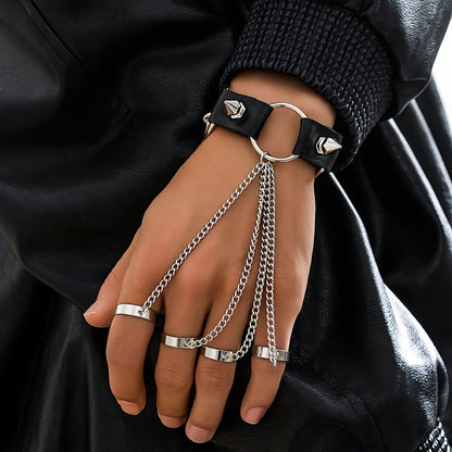 Men's Hand Chain Bracelet with Finger Rings, Gothic Punk Ring Bracelet