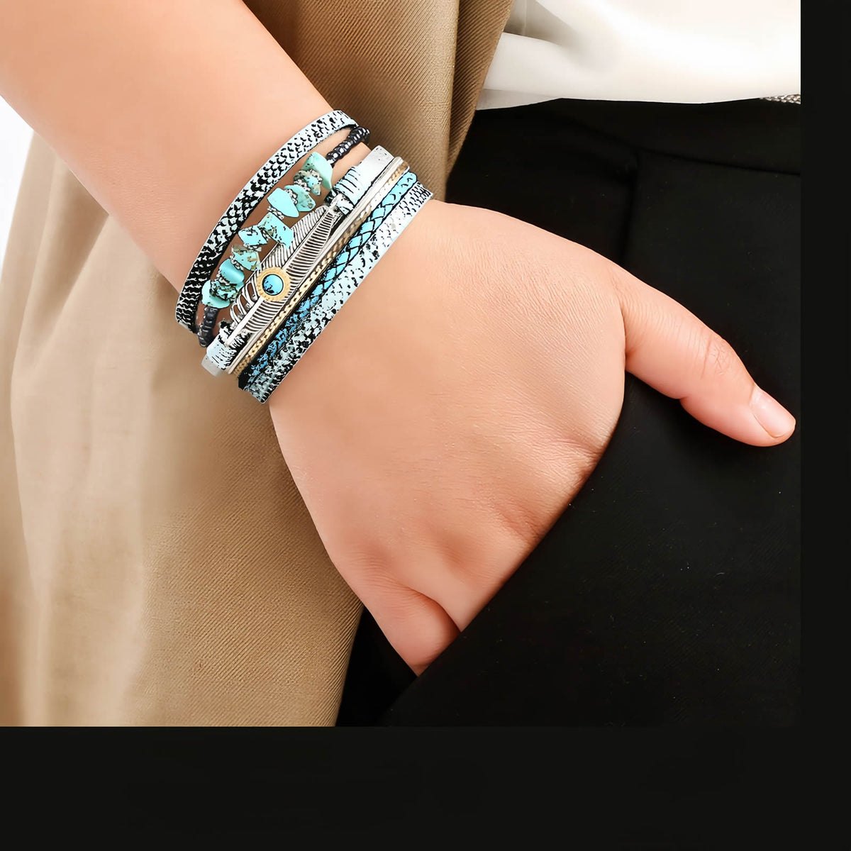 Boho Leather and Turquoise Feather Bracelet