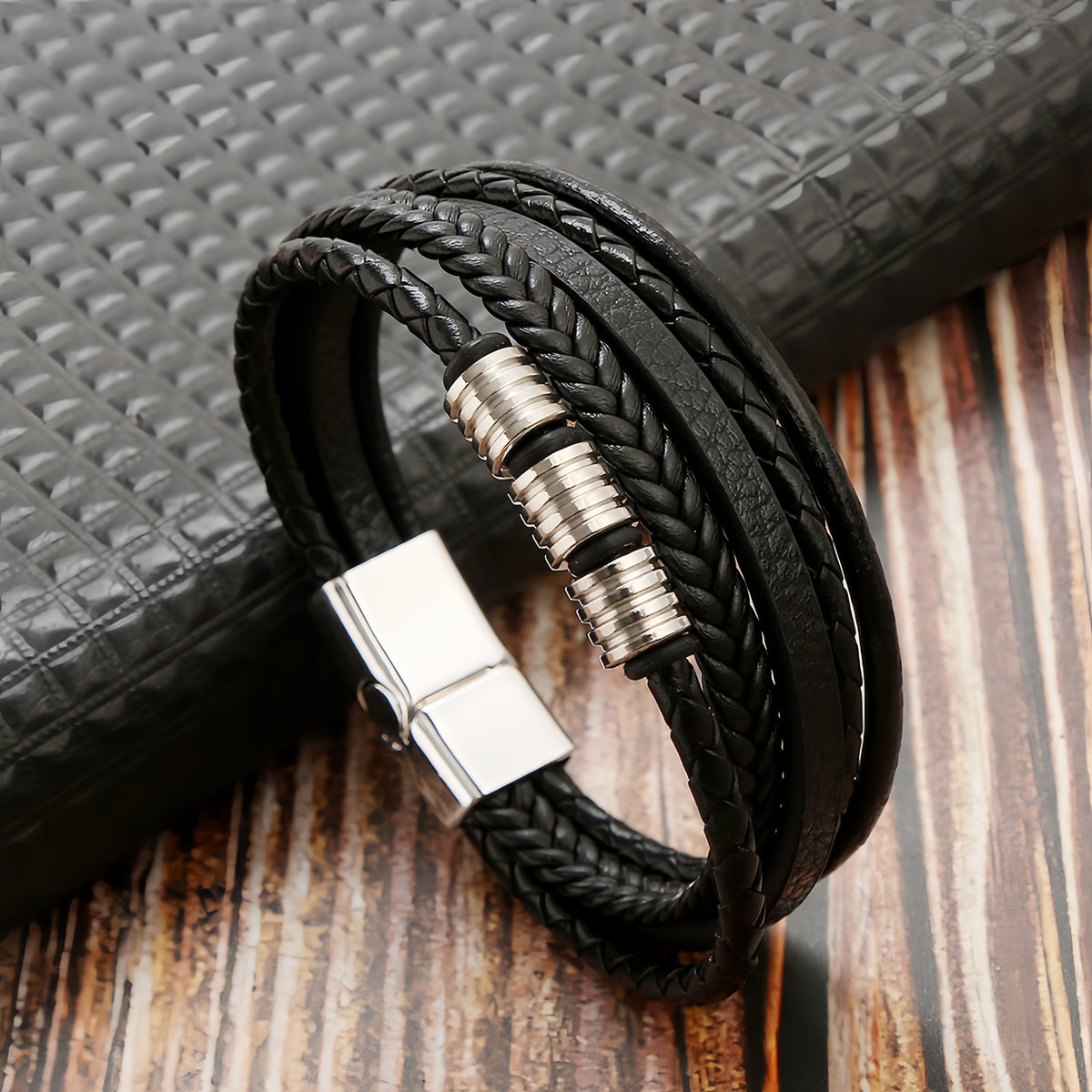 Layered Leather Bracelet with Metal Ring Accents for Men