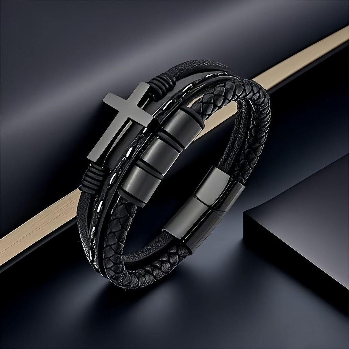 Men's Tube Bead Leather Bracelet with Cross