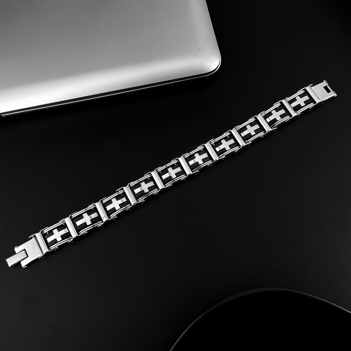 Men’s Stainless Steel Link Bracelet with Cross