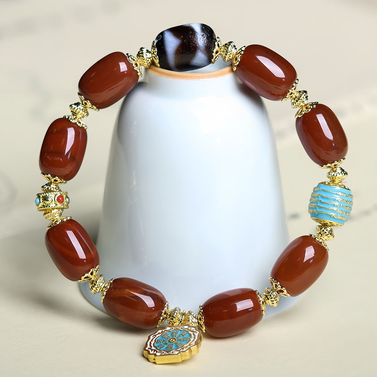 Red Agate Barrel Bead Bracelet with Gold Accents