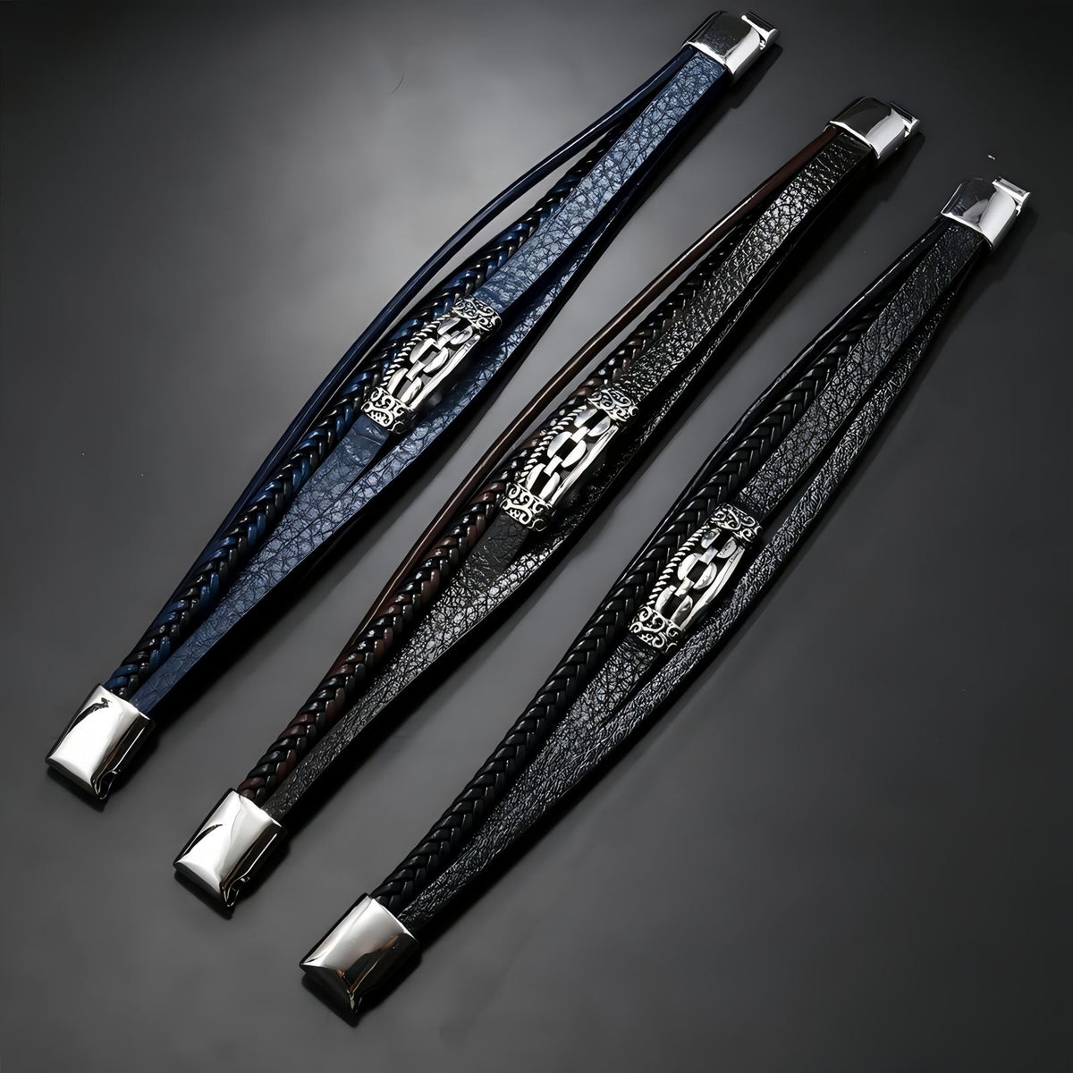 Men’s Layered Leather Bracelet with Vintage Chain Inlay