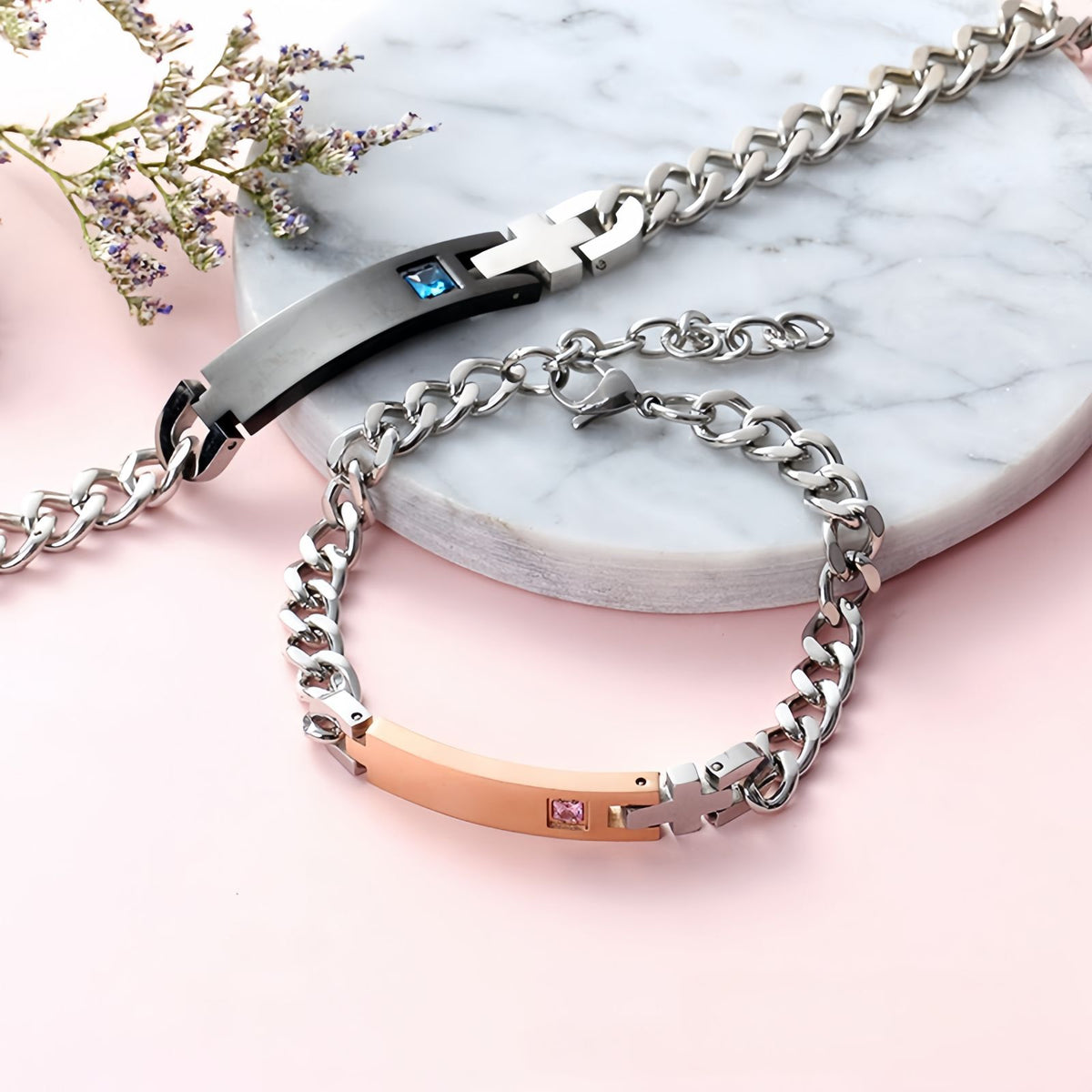 Cross Bar Curb Chain Couple Bracelet Set