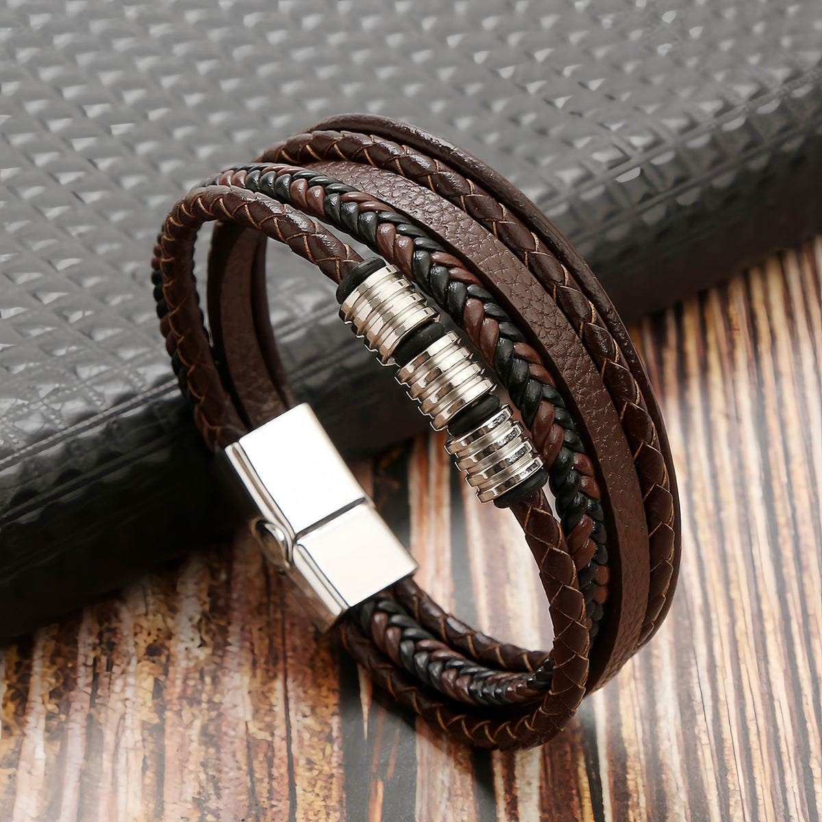 Layered Leather Bracelet with Metal Ring Accents for Men