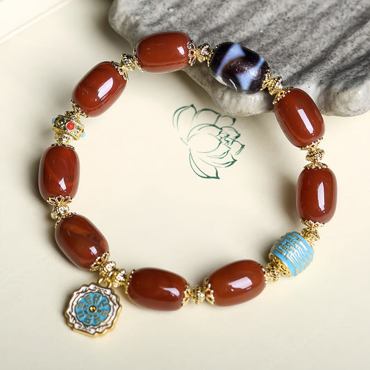 Red Agate Barrel Bead Bracelet with Gold Accents