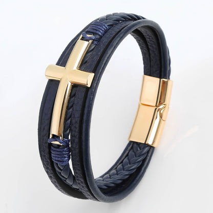 Men’s Braided Leather Bracelet with Cross Charm