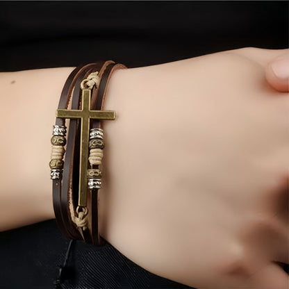 Women’s Layered Cross Leather Bracelet