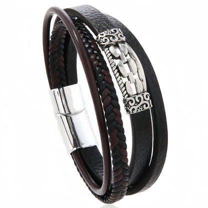 Men’s Layered Leather Bracelet with Vintage Chain Inlay