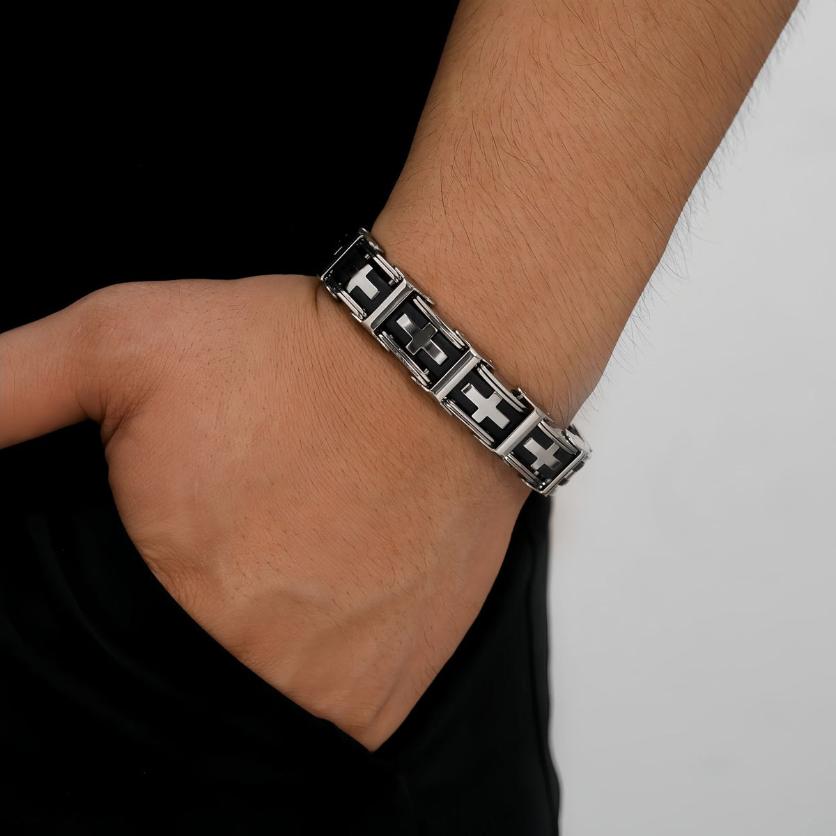 Men’s Stainless Steel Link Bracelet with Cross