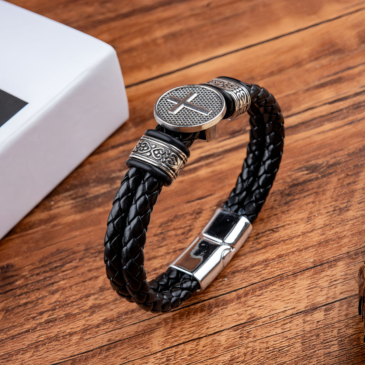 Men's Leather Round Cross Bracelet