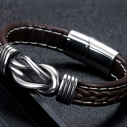 Stainless Steel Knot Men’s Braided Leather Bracelet