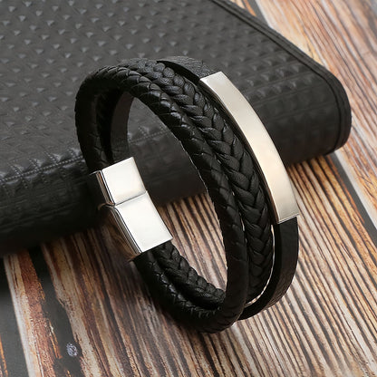Geometric Bar Layered Leather Bracelet for Men