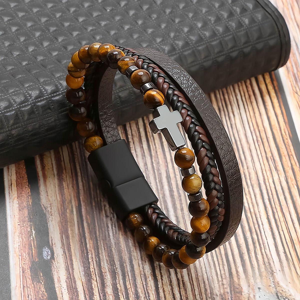 Men's Cross Natural Stone Beads Leather Bracelet