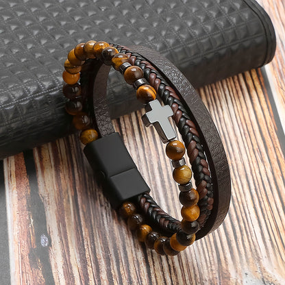 Men's Cross Natural Stone Beads Leather Bracelet