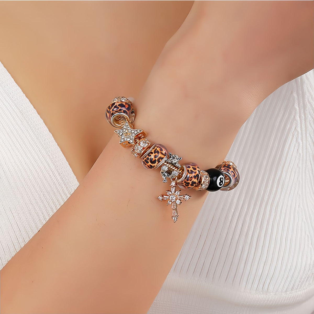 Leopard Bead Cross Charm Bracelet