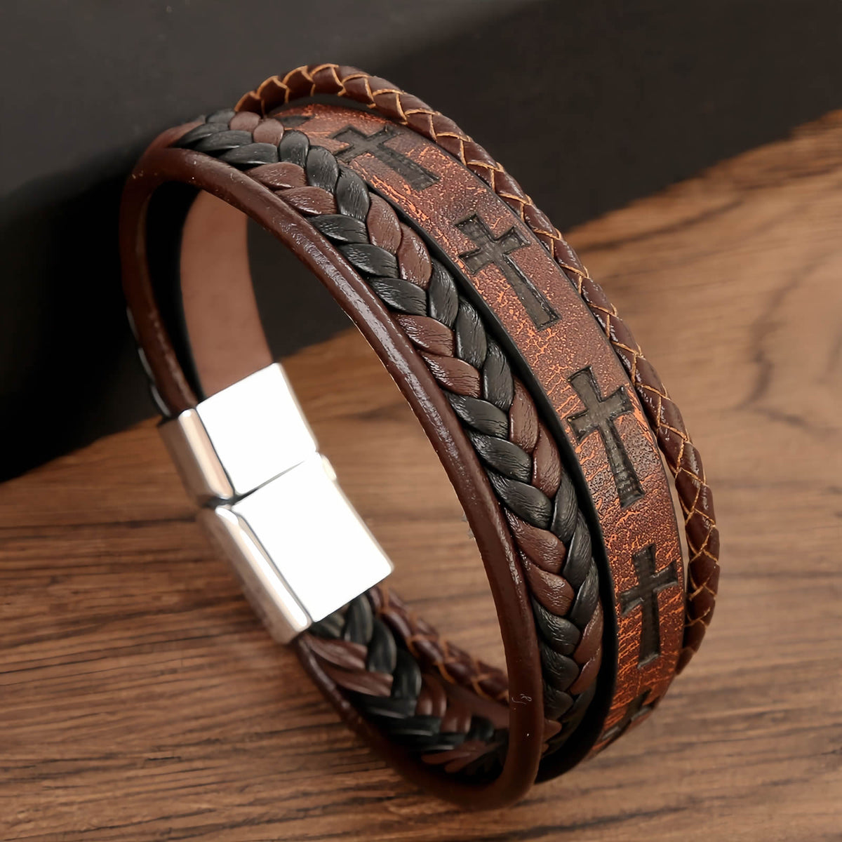 Men's Cross Leather Bracelet