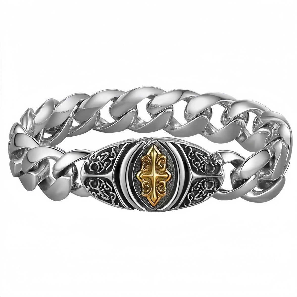 Vintage Carved Men's Cross Cuban Chain Bracelet