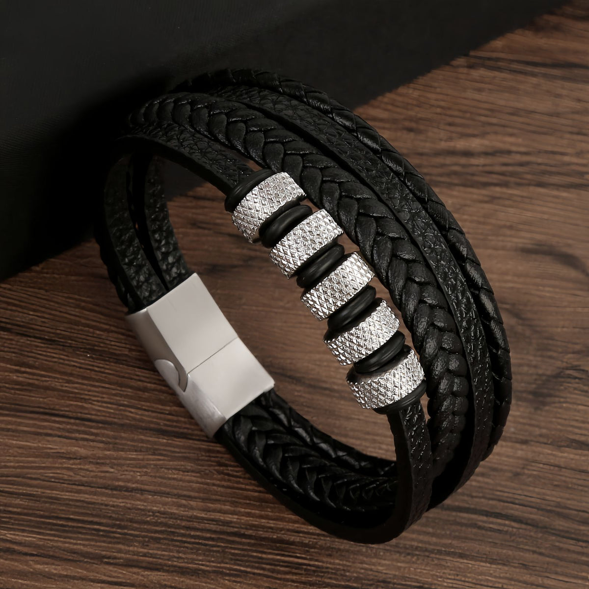 Men’s Geometric Textured Stainless Steel Leather Bracelet