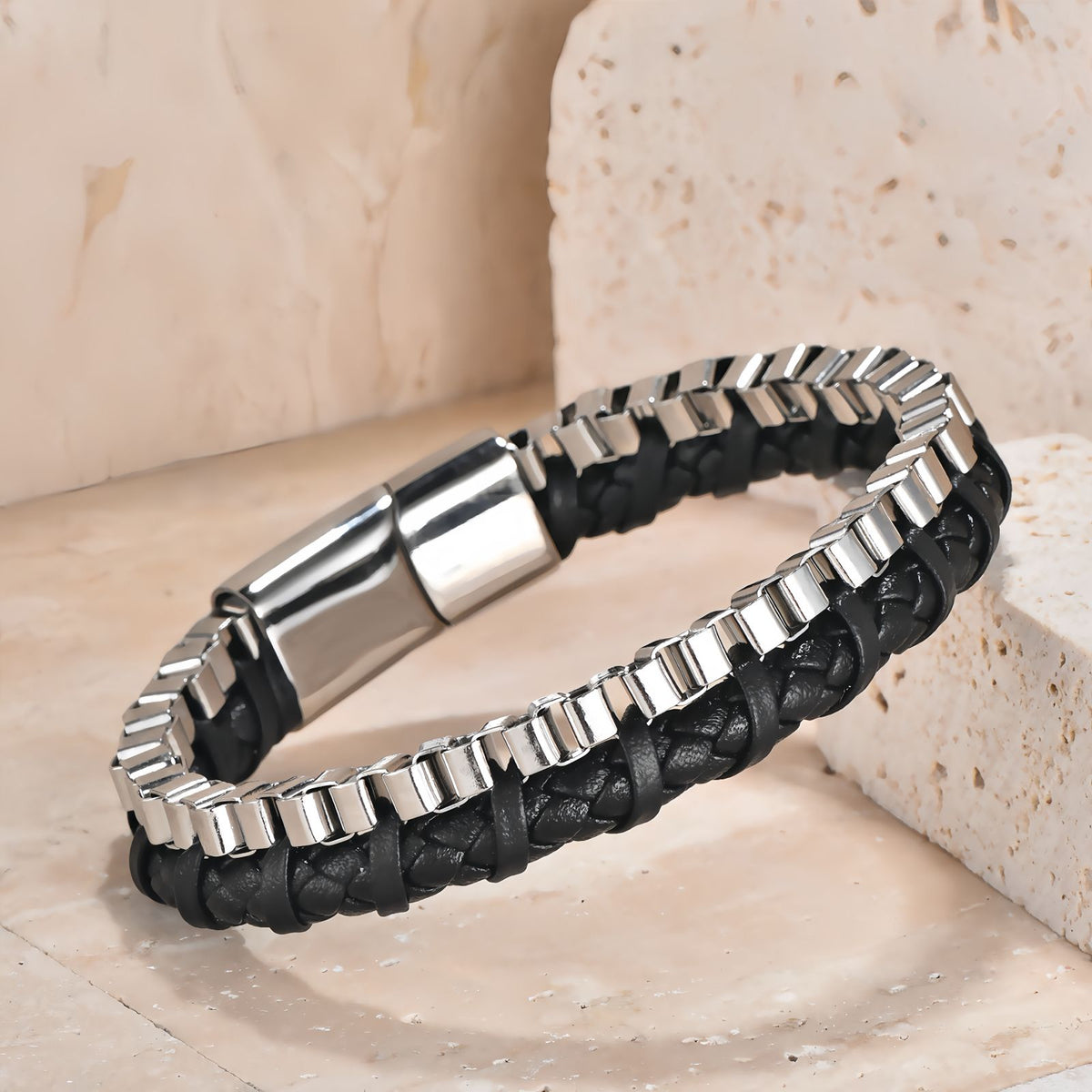 Men's Stainless Steel Chain Leather Bracelet