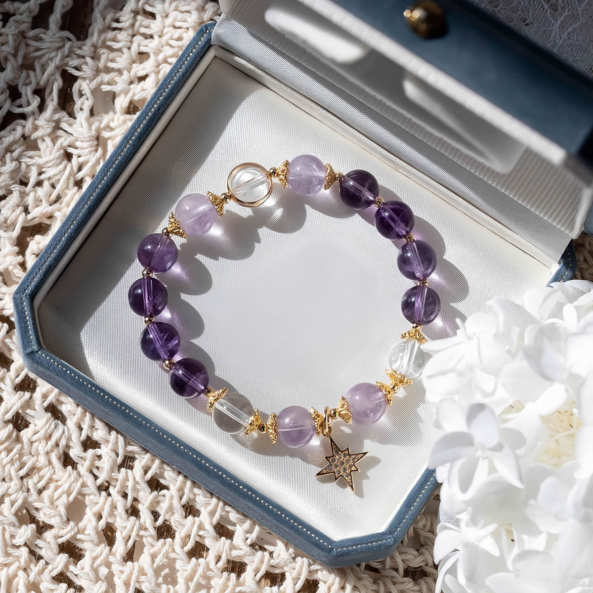 Amethyst Star Charm Beaded Bracelet