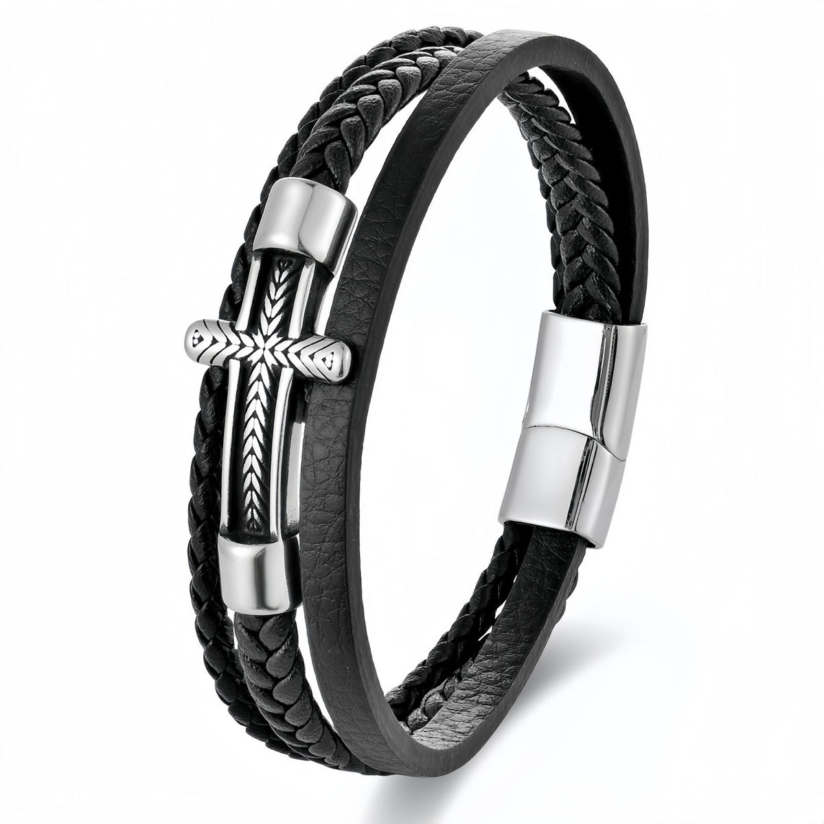 Men's Arrow Engraved Tube Cross Leather Bracelet