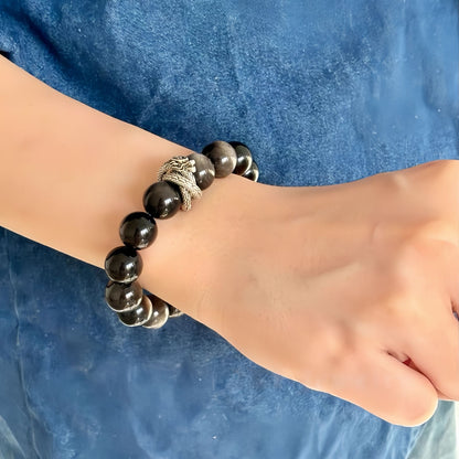 Lucky Dragon Silver Obsidian Men’s Bracelet