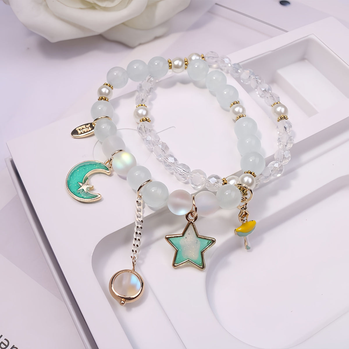 Moon & Star Double Layer Crystal Beaded Bracelet