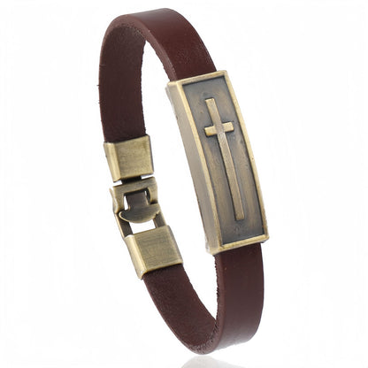 Vintage Leather Christian Cross Bracelet