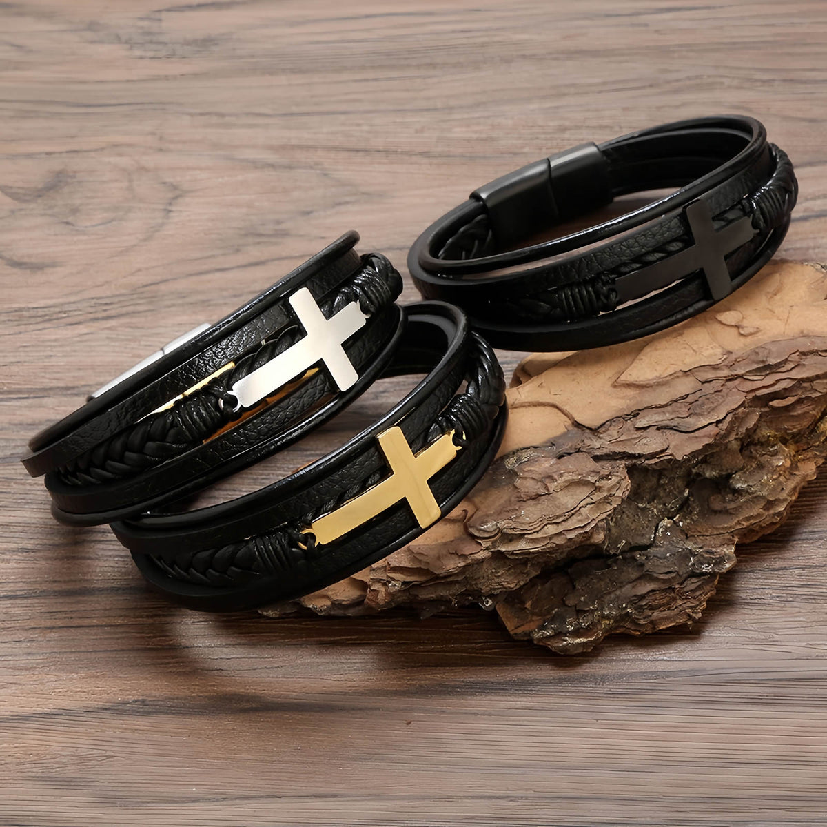 Men's Cross Leather Bracelet with Magnetic Clasp