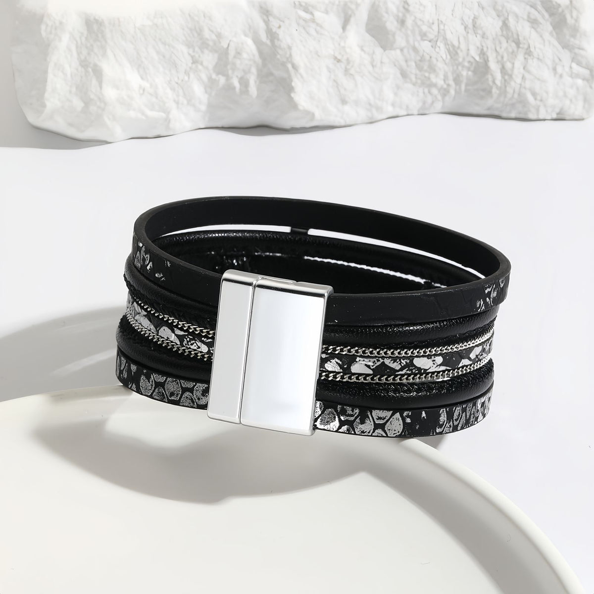 Wide Layered Leather Cross Bracelet