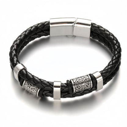 Vintage Sun-Engraved Dual-Braid Men's Leather Bracelet