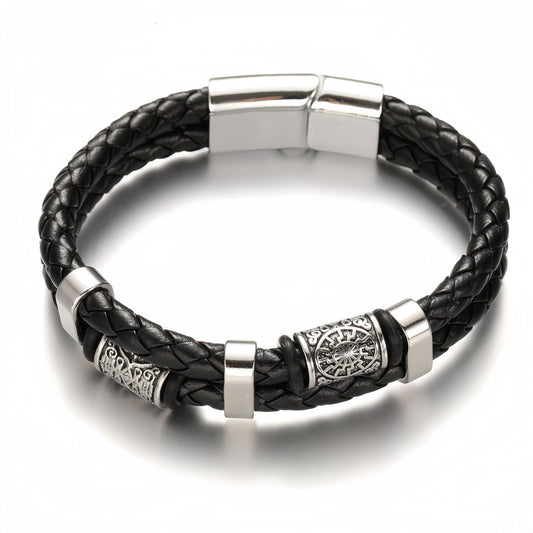 Vintage Sun-Engraved Dual-Braid Men's Leather Bracelet