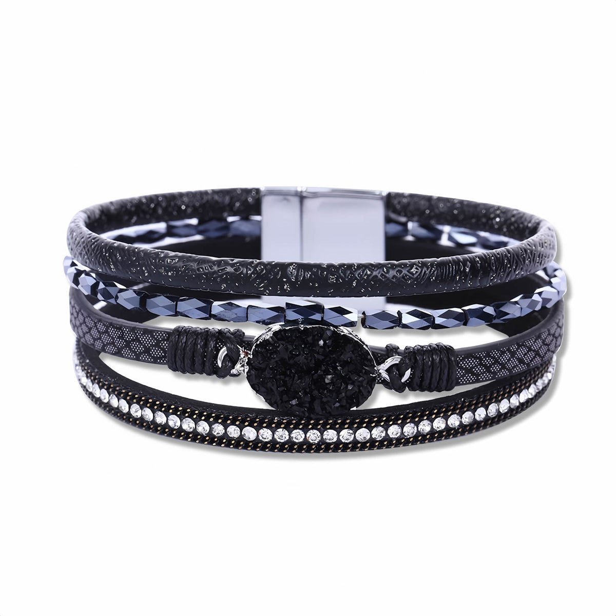 Boho Multilayer Leather Wrap Bracelet with Crystal